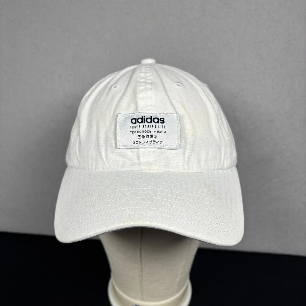 Adidas Three Stripe Life Hat Cap White Adjustable Strapback Multi Language Patch